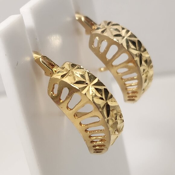 VTG Tested* 14K Solid Gold Geometric Diamond Cut latch Back Stud Earrings Signed - Picture 3 of 16